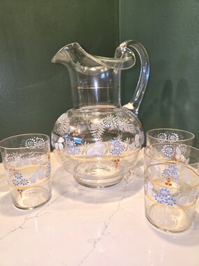 Hand Blown, Hand Painted, Victorian Pitcher And Tumbler Set